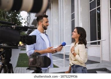 Professional Journalist Taking Interview Front Video Stock Photo ...