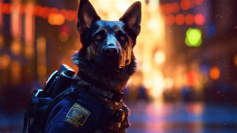 A 4K ultra hd wallpaper of a dog dressed in a police officer's uniform, wearing a badge and ...