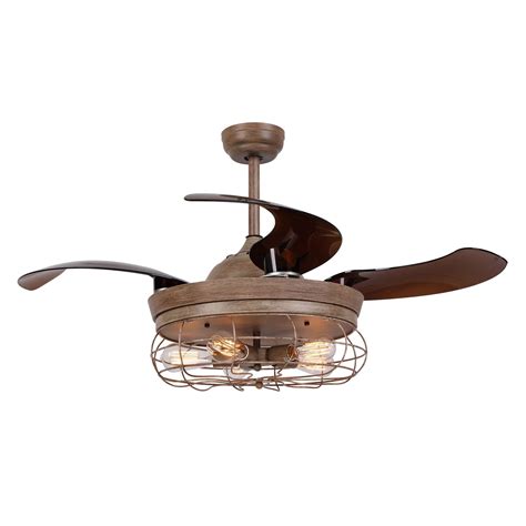 46 Inch Rustic Caged Ceiling Fan with Light and Remote Fandelier Invisible Retractable Blades ...