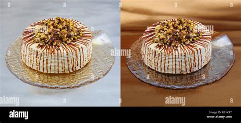 on the bright different background of hazelnut brittle cake Stock Photo - Alamy