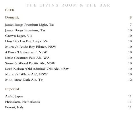 Menu at The Bar - Park Hyatt, Sydney