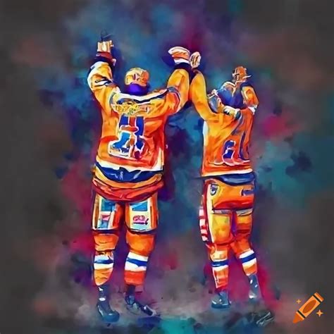 Watercolor artwork of tappara hockey players celebrating victory on Craiyon