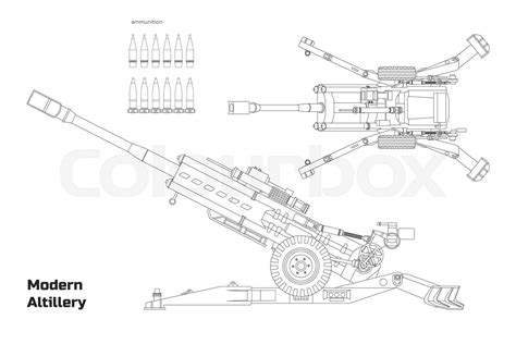 Outline modern artillery. Isolated cannon blueprint. Top, side view of military weapon ...