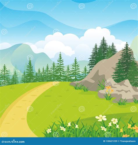 Beautiful Landscape with Rocky Hill, Lovely and Cute Scenery Cartoon Design. Stock Vector ...