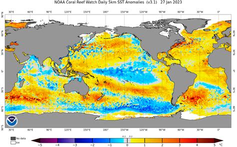 NOAA-generated sea surface temperature anomaly map of the world. Representative of January 27 ...