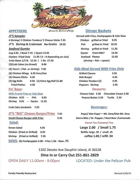 JT's Sunset Grill Menu, Menu for JT's Sunset Grill, Dauphin Island ...