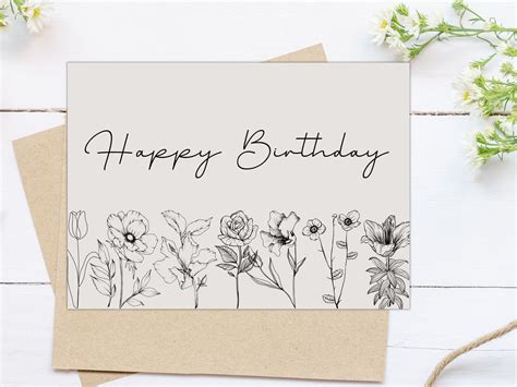 Floral Minimalist Happy Birthday Card Template, Editable Card, Personalised Botanical Minimal ...