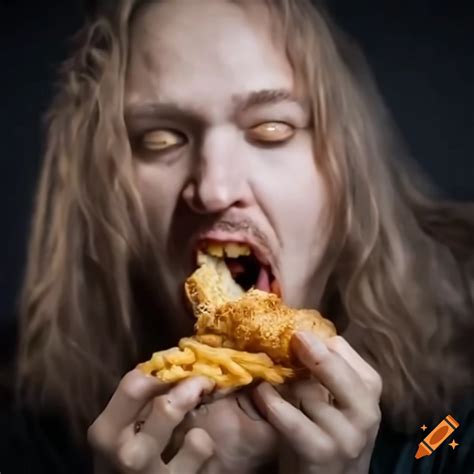 Finnish man enjoying fish & chips mukbang on Craiyon