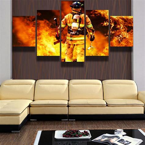 Firemen Firefighter Fighting Flame Fires Framed 5 Piece Panel Canvas W ...