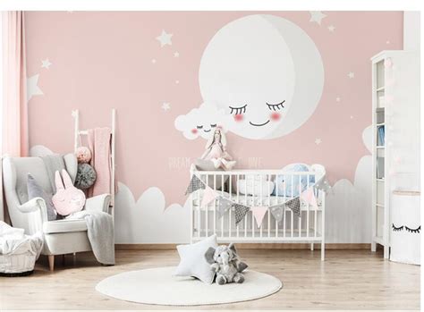 Cartoon Pink Moon and Stars Nursery Wallpaper, Lovely Smile Moon and White Clouds Baby' Room or ...