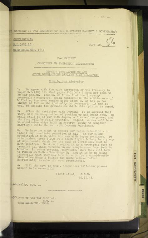 DEFENCE REGULATION 22 AND OTHER REGULATIONS DEALING WITH BILLETING. Note by the Admiralty ...