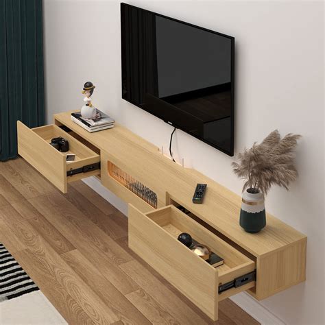 Modern Wood Floating TV Standwith LED Lights and Drawers for 65" TVs