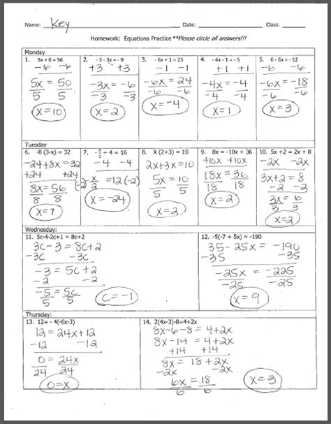 Equations Homework Answers - BHL 8th Grade Math