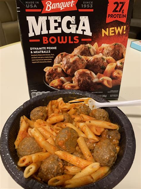 Banquet mega bowl dynamite penne and meatballs - spicier than expected, lots of meatballs, good ...