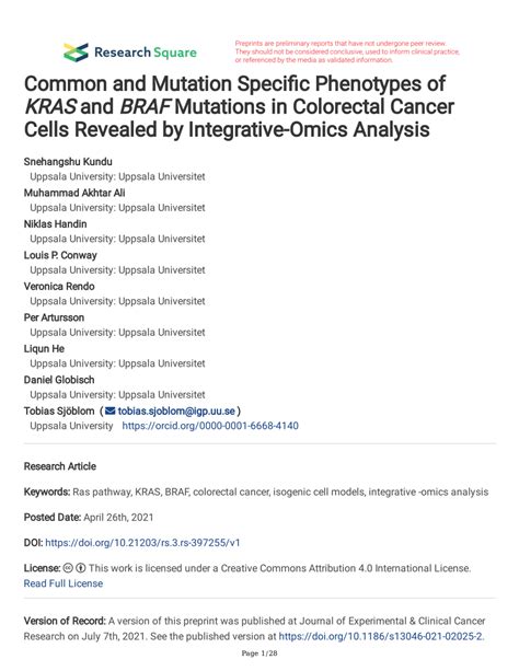 (PDF) Common and Mutation Specific Phenotypes of KRAS and BRAF Mutations in Colorectal Cancer ...