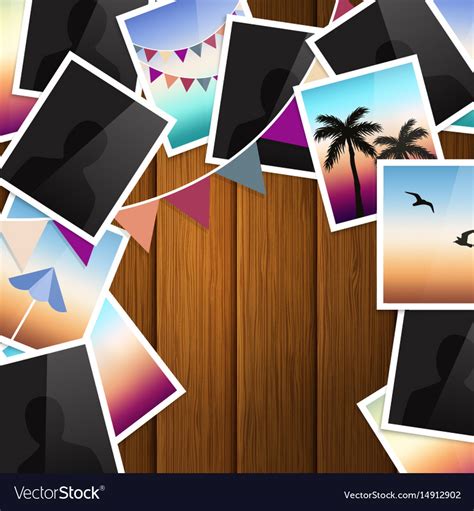 Travel photo collage on wooden background Vector Image