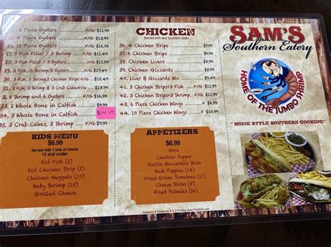 Menu at Sam's Southern Eatery restaurant, Temple