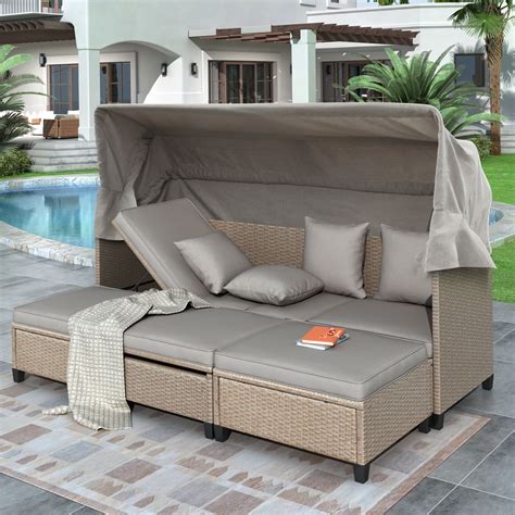 SYNGAR 4 Pieces Patio Wicker Furniture, Outdoor Daybed Sunbed with ...