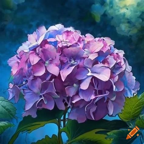 Art nouveau style painting of pink hydrangea with leaves on Craiyon