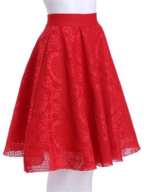 Red High Waist Lace Flare Skirt | SHEIN USA