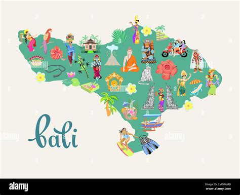 Cute cartoon map of Bali island, Indonesia, flat design vector illustration Stock Vector Image ...