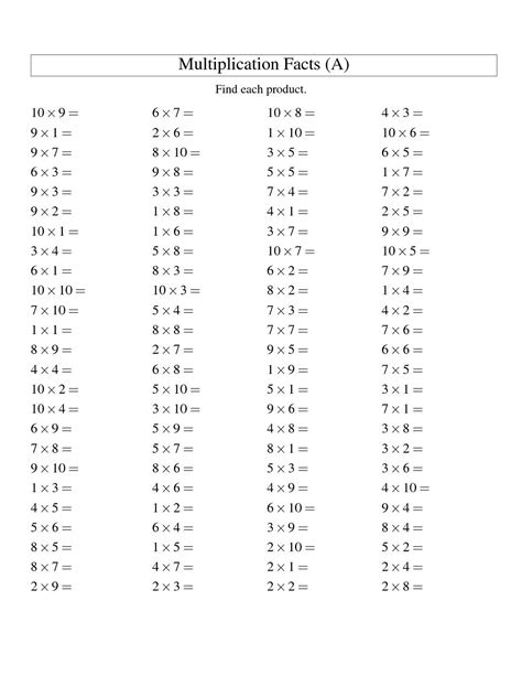 Times Table Print Out Sheet