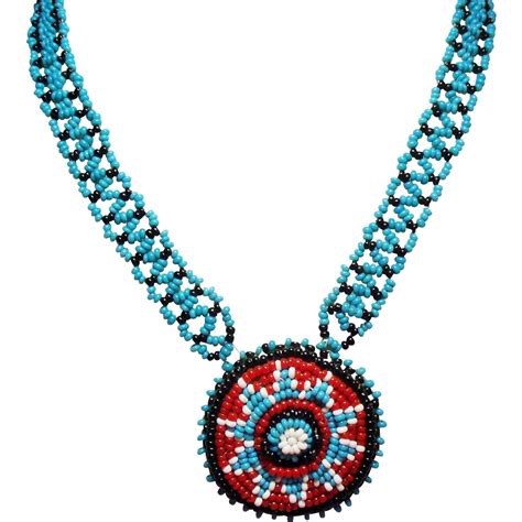 Vintage Native American Turquoise Glass Seed Bead Long Necklace Round from unforgettable on Ruby ...