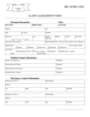 Fillable Online CLIENT ASSESSMENT FORM - Home Care Coach Fax Email Print - pdfFiller