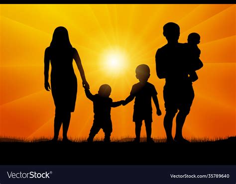 Large family at sunset silhouette Royalty Free Vector Image