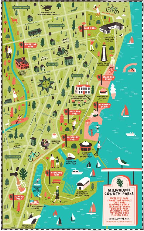 Illustrated map of Milwaukee, Wisconsin County Parks | Illustrated map, Milwaukee map, Map