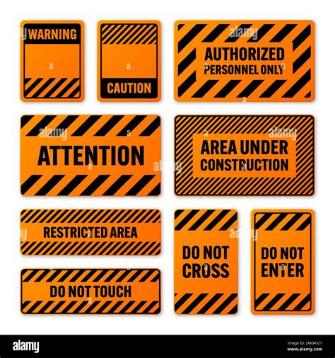 Various black and orange warning signs with diagonal lines. Attention ...