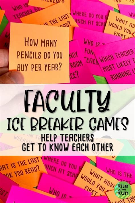 a pile of sticky notes with the words, faculty ice breaker games get to ...