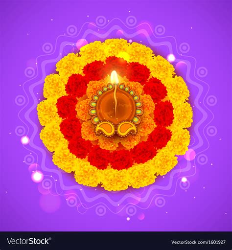 Decorated diwali diya on flower rangoli Royalty Free Vector