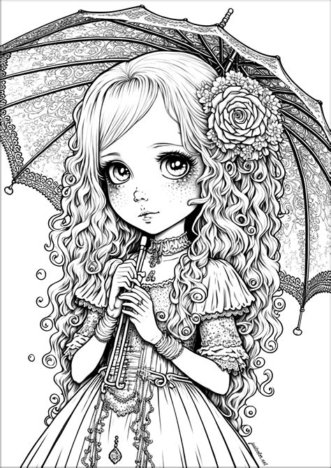 Girl drawn in Manga / Animated style - Manga / Anime Coloring Pages for adults