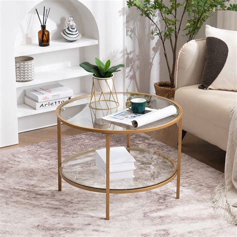 Buy VINGLI 25.6" Round Gold Coffee Tables for Living Room, 2-Tier Glass ...