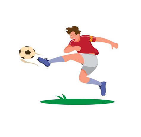 captain of football player kicking ball, striker shooting ball to make goal cartoon flat ...