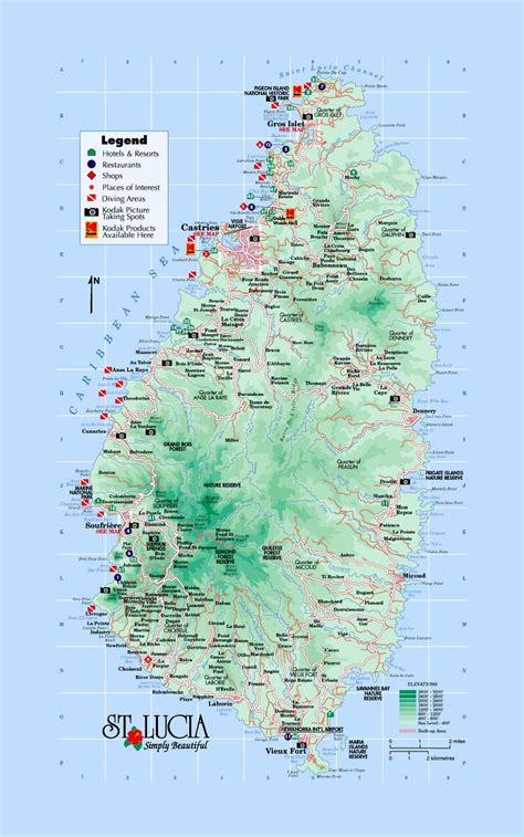 Detailed tourist and elevation map of Saint Lucia with roads, cities ...