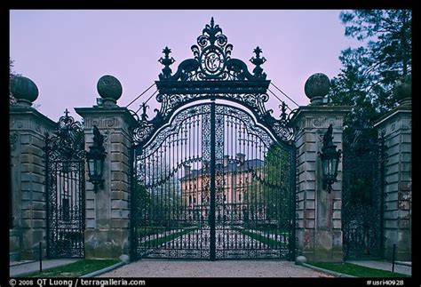 Picture/Photo: Entrance gate of the Breakers mansion at dusk. Newport, Rhode Island, USA