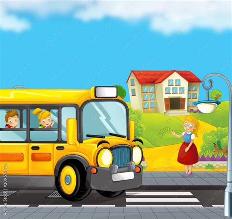 cartoon scene with school bus taking kids to school and teacher waiting ...