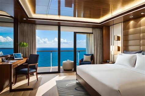 Premium Photo | A hotel room with a view of the ocean and a balcony ...