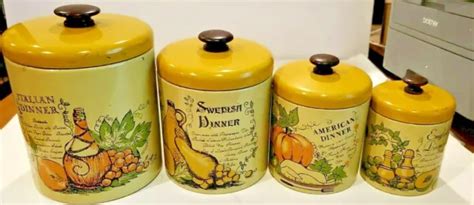 VINTAGE RETRO METAL Canister Set of 4 Yellow & Gold Flour Sugar Coffee ...