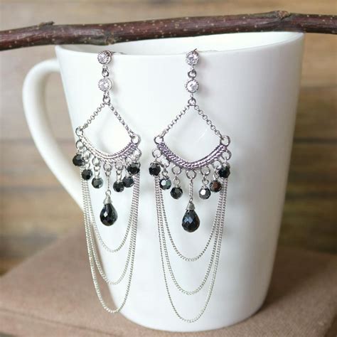 Black Crystal and Chain Chandelier Earrings Dangle & Drop - Etsy | Black crystals, Swarovski ...