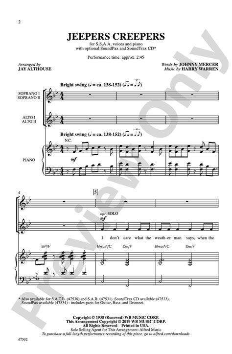 Jeepers Creepers: SSAA Choral Octavo: Harry Warren - Digital Sheet ...