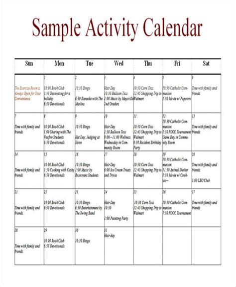 Sample Activity Calendar Template | Calendar activities, Calendar template, Monthly activities