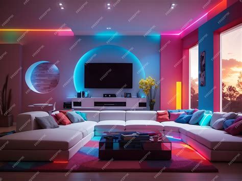 Premium AI Image | Colored LED lighting home cinema living room interior