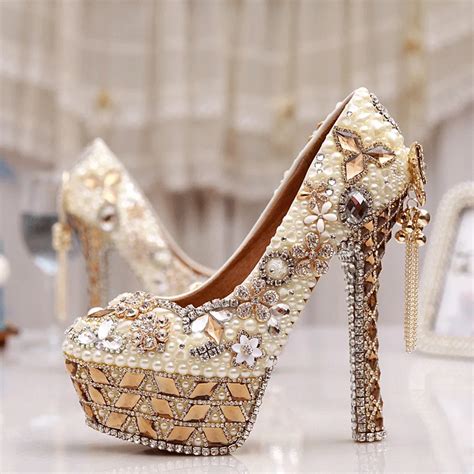 Size 34 43 Plus Size Gorgeous High Heel Crystal Wedding Shoes Cinderella Crystal Shoes Pearl Gem ...