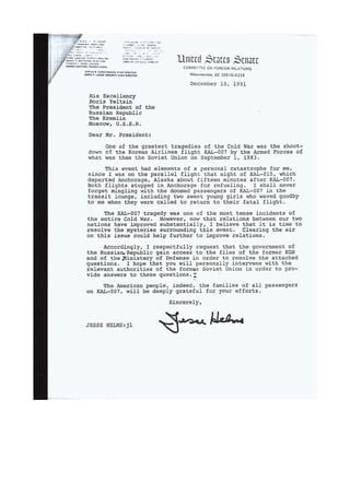 Senator Jesse Helms Letter To Russia About KAL 007