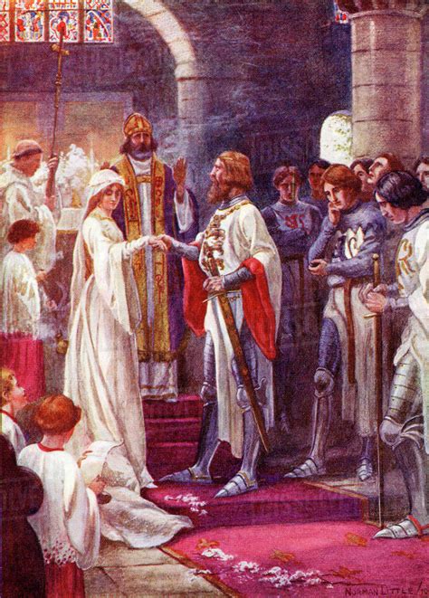 The Marriage of King Arthur and Guinevere. Coloured illustration from ...