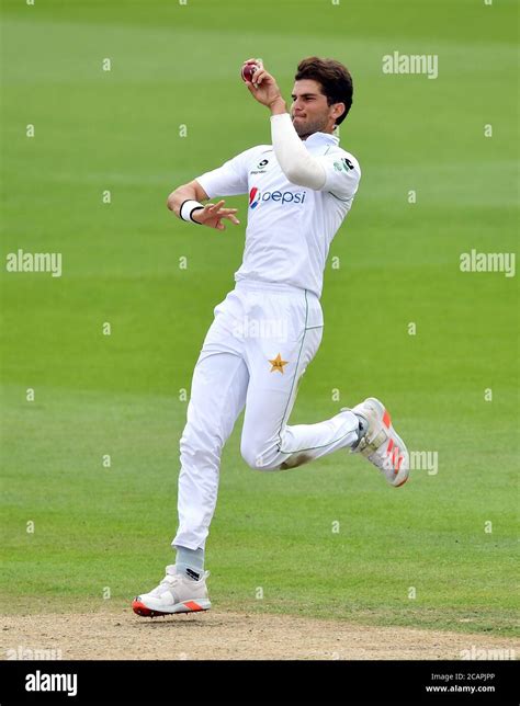 Pakistan's Shaheen Afridi bowling during day four of the First Test ...