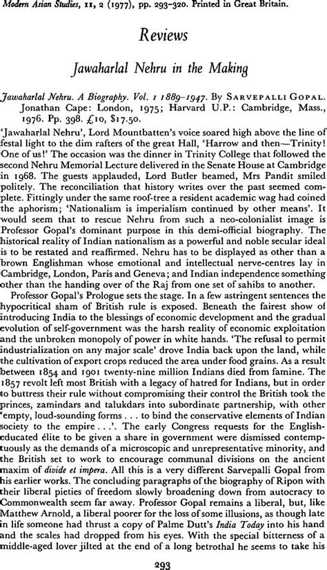 Jawaharlal Nehru in the Making - Jawaharlal Nehru. A Biography. Vol. I 1889–1947. By Sarvepalli ...